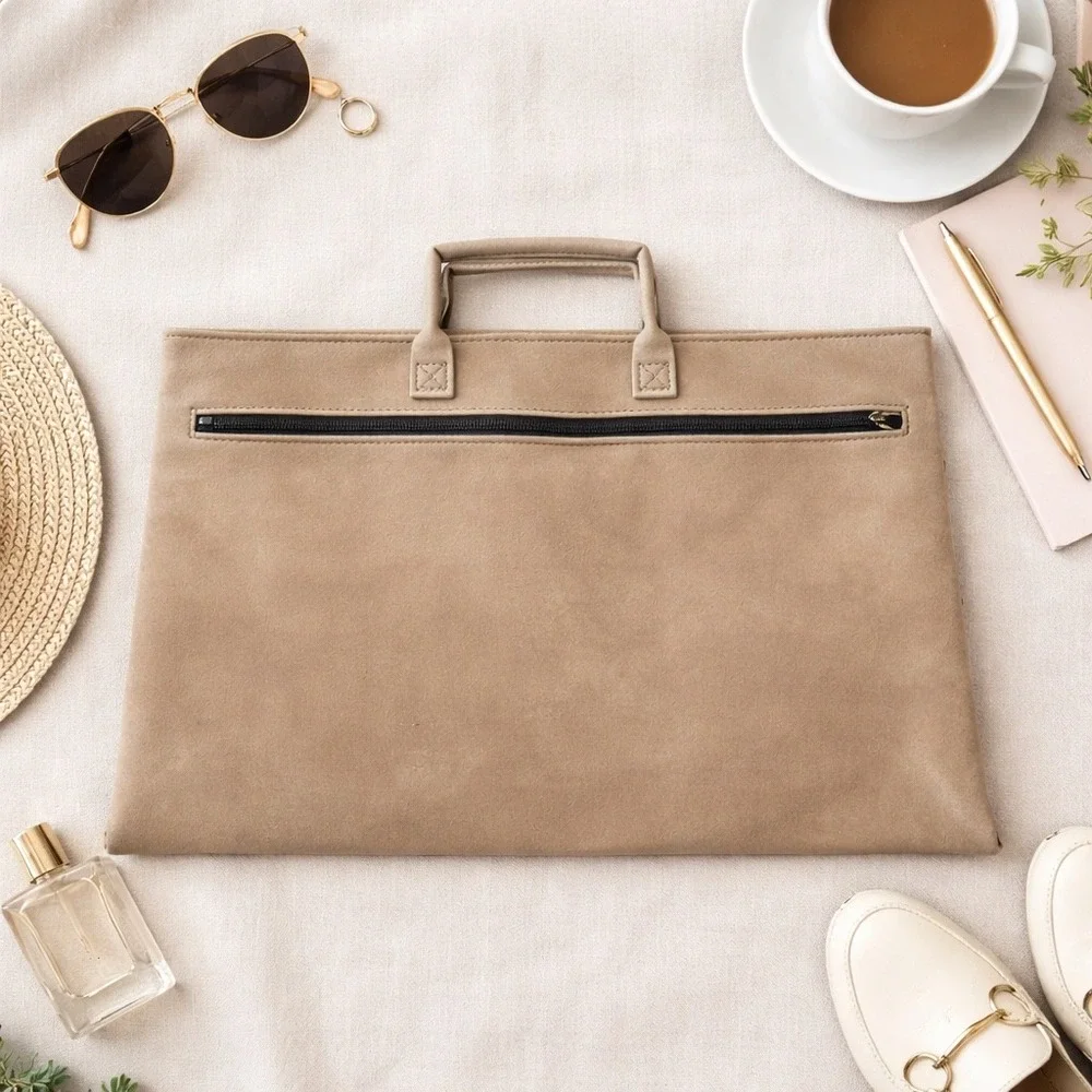 Vintage Tan Faux Suede Document Briefcase Portfolio Laptop Bag